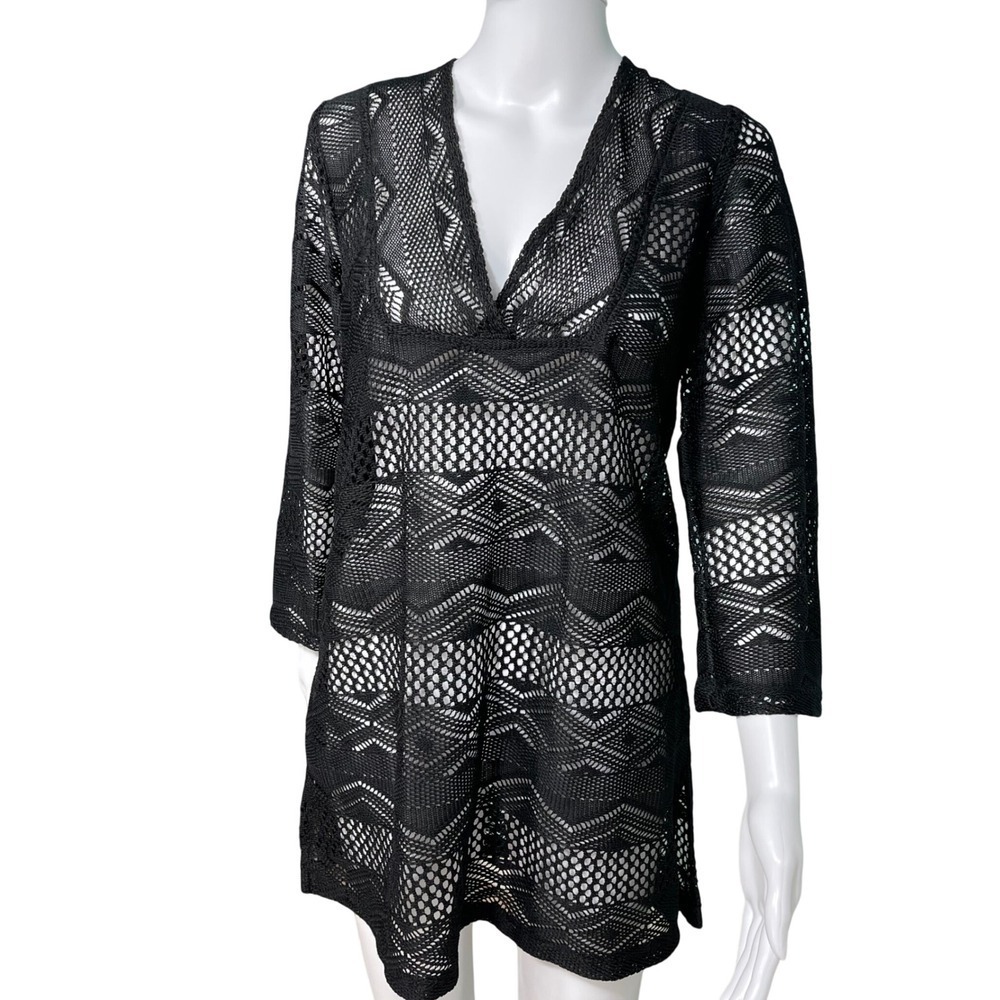 Black Crochet Knit V-Neck Swim Beach Cover Up Resortwear Dress Bell Sleeve